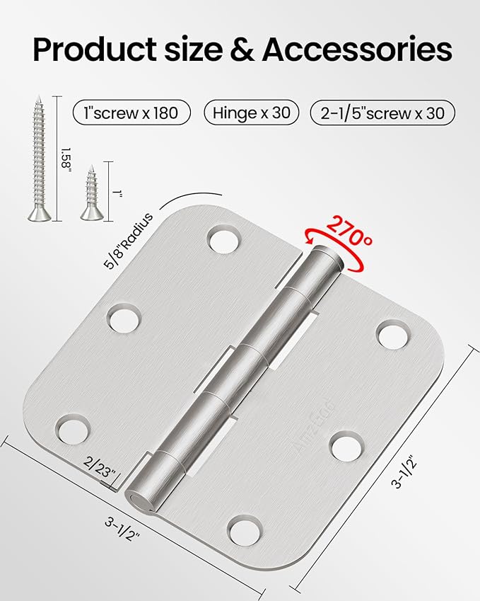Door Hinges Brushed Nickel - 30 Pack 3.5 Inch Rounded with 5/8" Radius Satin Nickel Door Hinges for Interior and Exterior Doors - Heavy Duty 3 1/2" Silver Residential Door Hardware