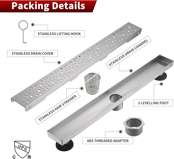 Sharp-tec 32 inch Linear Shower Drain, Brushed Rectangular Floor Drain, V-Shape Design Drain Channel, 304 Stainless Steel, cUPC Certificated for Bathroom Shower Room (Drain Base is Not Included)