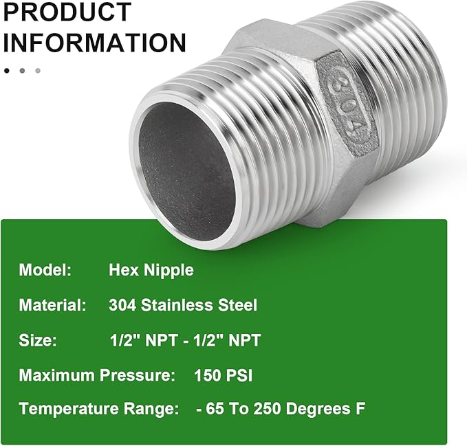TAISHER 10PCS Cast 304 Stainless Steel Hex Nipple, Pipe Fitting 1/2-Inch Male Pipe x 1/2-Inch Male Pipe