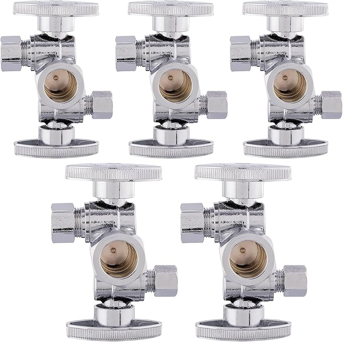 (Pack of 5) EFIELD 1/4-Turn Dual Compression Outlet Angle Stop Valve with 2 Shut Off Valve/Handles, 1/2" NOM (5/8" OD) x (3/8 inch x 1/4 inch) Chrome For Faucet Toilet,(VALVE137-5PCS)
