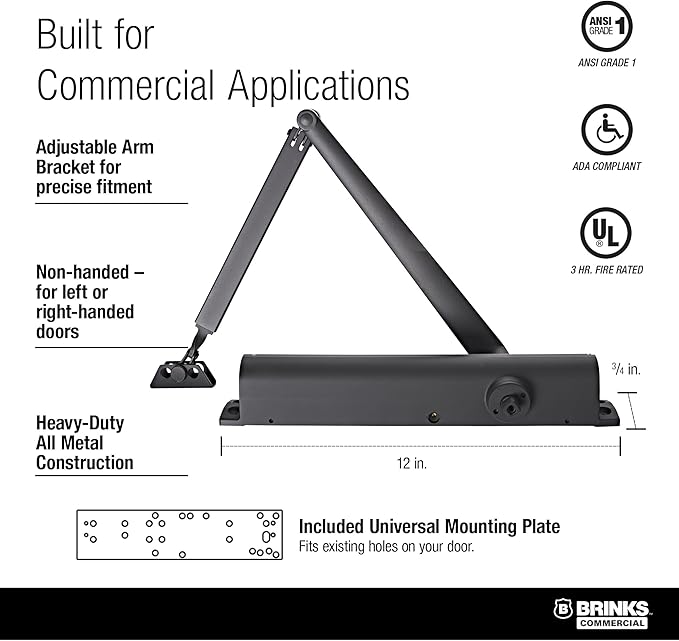 Brinks Commercial Heavy Duty All-in-One Door Closer with Mounting Plate, UL Listed, Bronze - Commercial Door Closer for Businesses