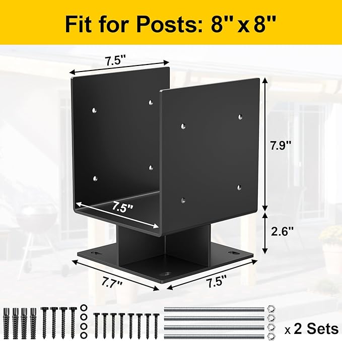 8"x 8" Concrete Post Base, 2Pcs Stainless Steel Adjustable Post Anchor Bracket (Internal 3.5 x 3.5), U-Shape Wood Post Base Holder for Pavilion Deck Porch Handrail Railing Support