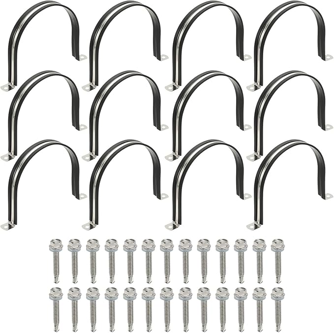 PATIKIL 12Pcs Pipe Clamps, 5-1/8 Inch 304 Stainless Steel Rubber Cushioned U Bracket Conduit Clamps Pipe Strap Wire Clips with Hexagonal Screw for Tube Hose Cord Installation, 130mm