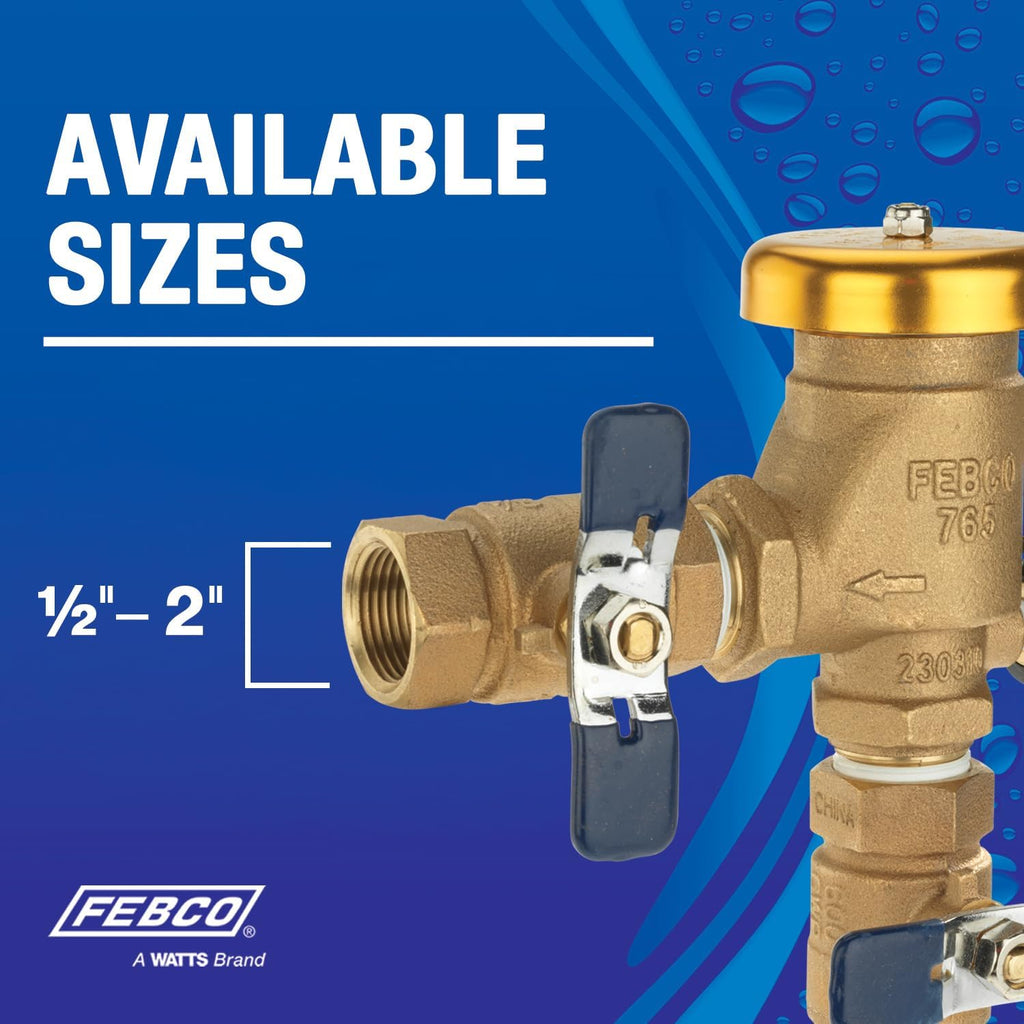 Febco 765 Bronze Pressure Vacuum Breaker Backflow Preventer 1-1/2" Inlet Spring-Loaded Check Valve, 150 PSI Max, NPT Connections, Freeze Sensor, Irrigation and Industrial Use, Quarter Turn Shutoff