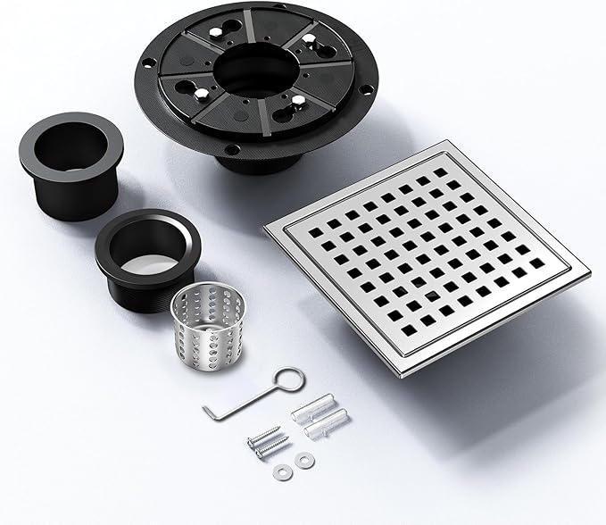 6 Inch Square Shower Floor Drain with Removable Cover Grid Grate, SUS 304 Stainless Steel, Watermark&CUPC Certified, Chrome Finished (Chrome, 6 in)