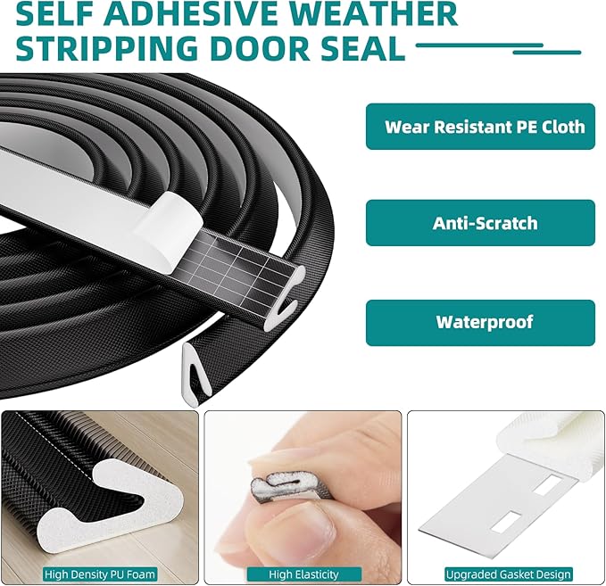 19.7 Ft V-Shape Weather Stripping Door Seal Strip,Self Adhesive Foam Door Insulation Weatherstripping for Doors Frame,Window Insulation for Winter,Door Soundproof Gap Filler Sealing Strip,Black