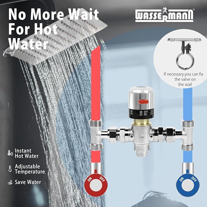 WASSERMANN Adjustable Temperature Sensor Valve for Instant Hot Water Recirculating System，304 Stainless Steel Bypass Sensor Valve Replacement for the Plastic