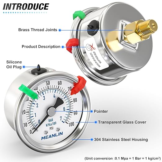 MEANLIN MEASURE 0~100Psi Dry Pressure Gauge Stainless Steel 1/4" NPT 2" FACE DIAL Waterproof for Well Pump Water Tire Water Pressure Tester Back Mount (with 2PCS Snaps)