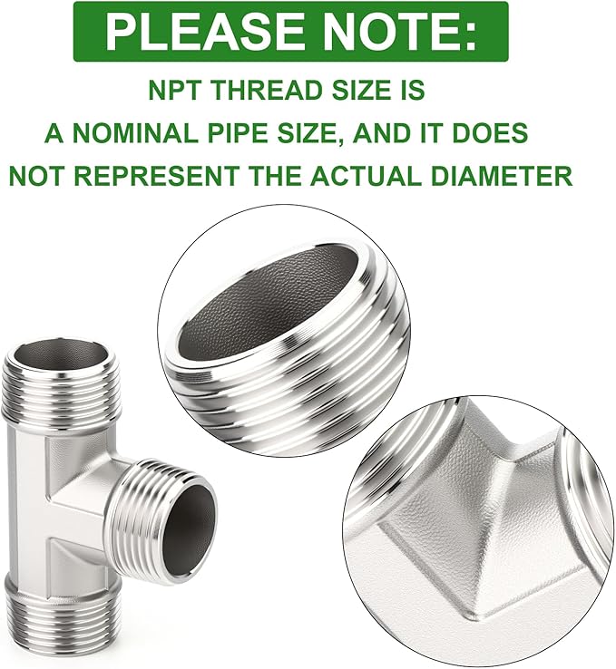 TAISHER 2PCS 304 Stainless Steel Tee Pipe Fittings, 3/8" x 3/8" x 3/8" NPT Male Pipe Fittings