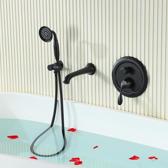 DASAN Antique Wall Mount Tub Filler Faucet with Hand Held Shower, Matte Black Bathtub Faucet with Sprayer Wall Mounted Roman Bath Tub Faucet Set with High Flow Rough in Valve, AT201TF-MB