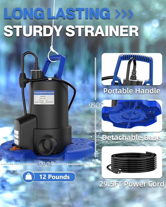 Automatic Pool Cover Pump - 1 HP 3500 GPH Submersible Water Pump with Check Valve and 3 Adapters, 29.5FT Cord for Pumps Above Ground Automatic On/Off System, Sump Pump for Basement Floods, Pond Pump