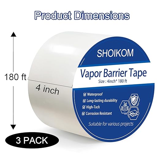 3 Pack 4-Inch x 180-Foot White Vapor Barrier Tape: Waterproof, Moisture-Proof & Sealing Solution