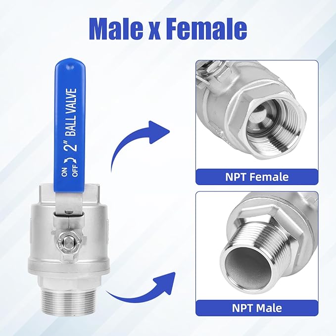 YADIAN 2 Pack 2 Inch Male x Female NPT Ball Valve 304 Stainless Steel Full Port Heavy Duty Shut Off Valve with Blue Vinyl Insulation Handle and Locking Device for Water, Oil, and Gas, 1000WOG