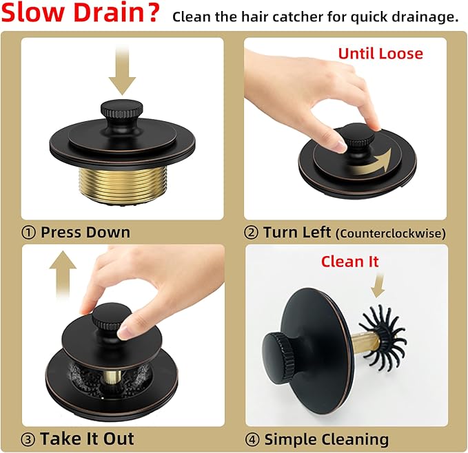 Antique Brass Bathtub Drain, Hair Catcher and 2-Hole Overflow Faceplate, 11.5/16 UNC, Lift and Turn Bathtub Drain Replacement, Tub Drain Stopper