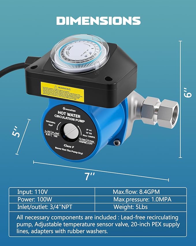 Instant Hot Water Recirculating Pump with Stainless Steel Adjustable Bypass Valve Kit for Tank Water Heaters Circulator Pump with Upgraded Timer Water Recirculating System with Complete Kit