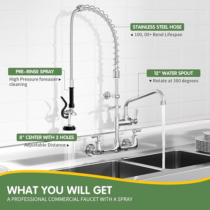 Commercial Sink Faucet,TOLSUNY Commercial Kitchen Faucet Wall Mount with Pre Rinse Sprayer,Wall Mounted Kitchen Sink Faucet for Industrial and Restaurant Sinks. (Classic, 36)