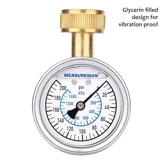 MEASUREMAN 2-1/2" Glycerin Filled Stainless Steel Water Pressure Test Gauge, 3/4" Female Hose Thread, 0-200 psi/kpa