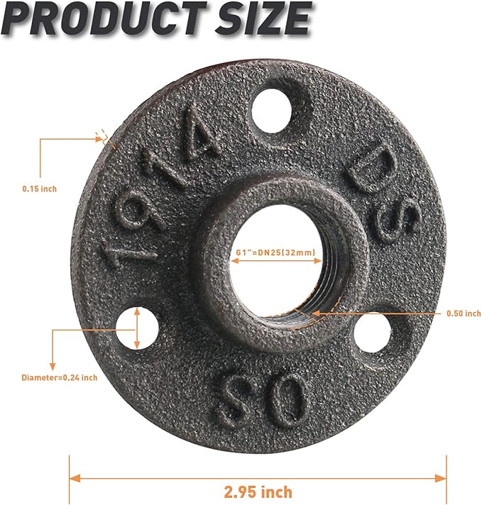 1" Floor Flange, Home TZH Malleable Iron Threaded Pipe Flange for Industrial vintage style, Flanges with Threaded Hole for DIY Project/Furniture/Shelving Decoration(4 Pack)