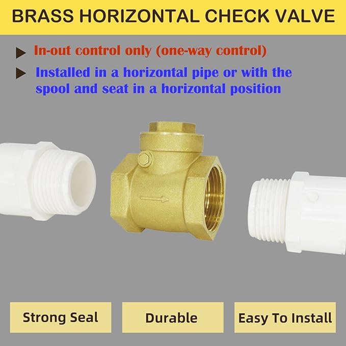 1/2"NPT Female Horizontal Brass Check Valve to Prevent Water Backflow, For Sewage Pumps & Air Compressors DN15