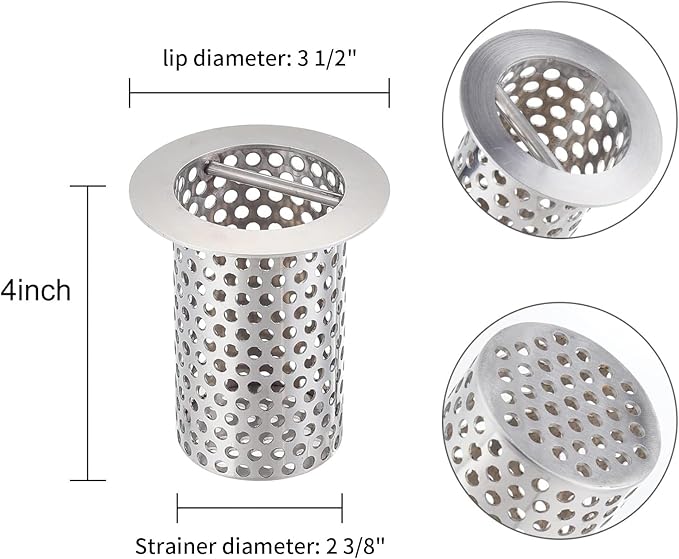 Commercial Floor Drain Strainer, 3 1/2" Lip Diameter x 4" Tall 316 Perforated Cylindrical Mesh Stainless Steel Drain Strainer with Carry Handle for Restaurant/Factory/Kitchen/Laboratory