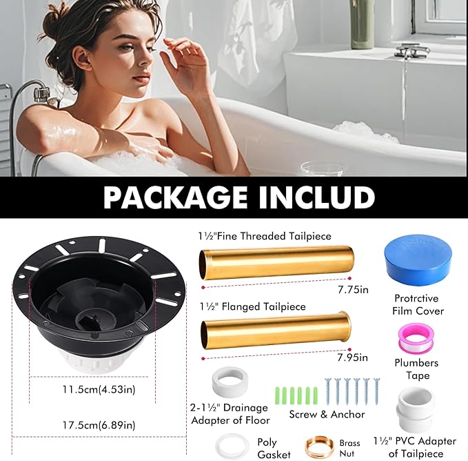 Freestanding Tub Drain Rough-in Kit, Bathtub Drain Kit with PVC Plastic Adapter and Brass Tail Pipes, Compatible for Freestanding Bathtub, Floor Mounted, Copper Bathtub, Black