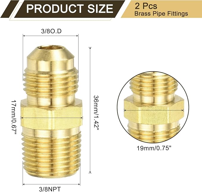 uxcell 2Pcs Brass Tube Fitting, 3/8O.D x 3/8NPT Brass Flared Pipe Adapter Fittings Reducing Nipples Connector, Half Union Gas Adapter for Pipe Connections, Hydraulics, Refrigeration