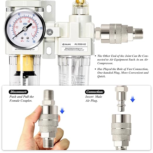 TAILONZ PNEUMATIC 1/4 Inch NPT Air Filter Pressure Regulator Water/Oil Trap Separator Combo(0-145PSI),Air Tool Compressor Filter with Gauge AC2010-02(Manual Drainage)