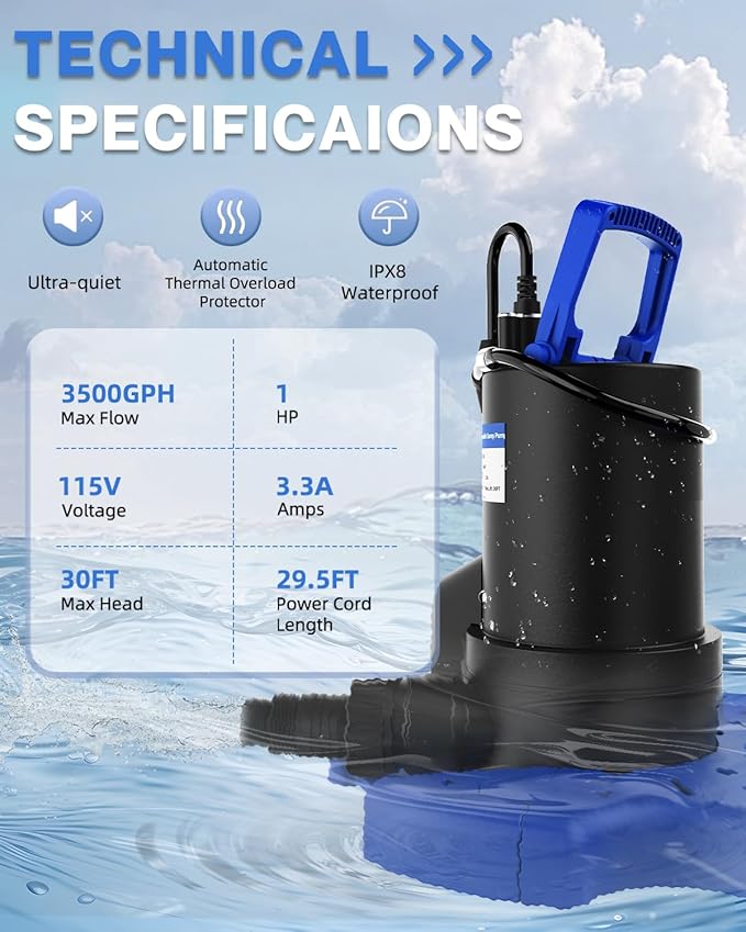 Automatic Pool Cover Pump - 1 HP 3500 GPH Submersible Water Pump with Check Valve and 3 Adapters, 29.5FT Cord for Pumps Above Ground Automatic On/Off System, Sump Pump for Basement Floods, Pond Pump