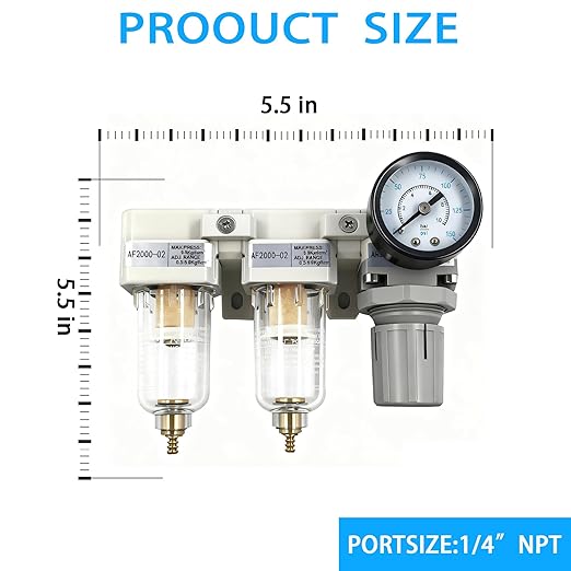 XingNEeng 1/4" NPT Compressed Air Filter Regulator Lubricator (FRL) Unit, Double Water/Oil Trap Separator, Gauge(0-150 psi), Manual Drain Air Compressor Water Separator, Poly Bowl, Metal Bracket