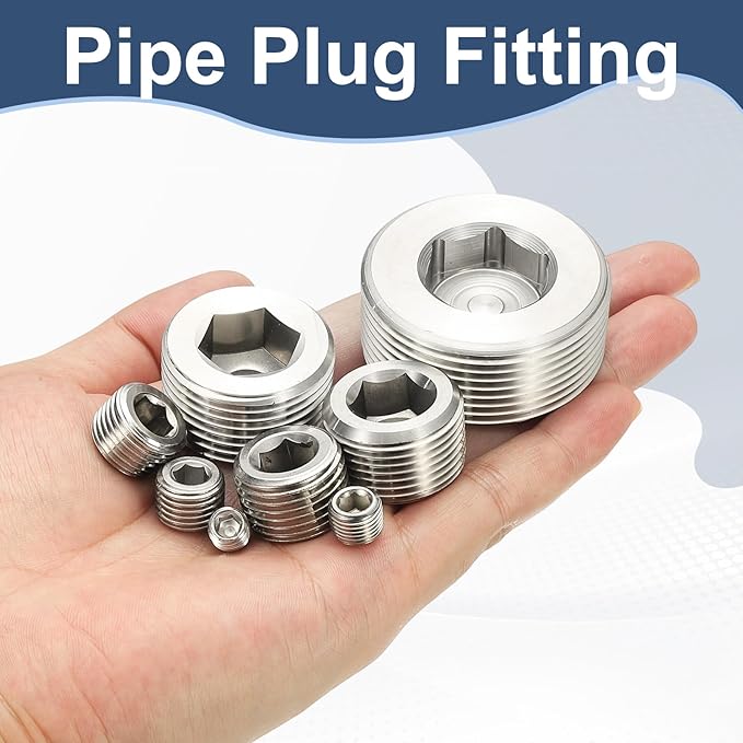 PATIKIL 1" NPT Male Internal Hex Pipe Fitting, 304 Stainless Steel Pipe Plug Fitting Assortment Kit Countersunk Thread Head Socket Pipe Plug Fitting Adapter with Tape, Silver