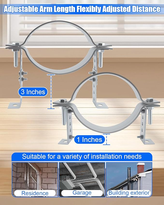 6 Inch Chimney Systems Bracket, Heavy Duty Adjustable Vent Wall Strap, High Strength Steel Vent Pipe Hanger Support Bracket, Adjustable Range of Pipe Clamp is 6.2-6.6 Inches, 2 Piece