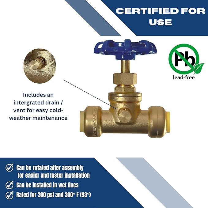 XFITTING 1/2 inch Push Fit Stop Valve with Drain and Vent, Push to Connect Brass Plumbing Fitting, Pex Pipe, Copper, CPVC, PE-RT, HDPE, 2-5-1=5, 5 Pieces