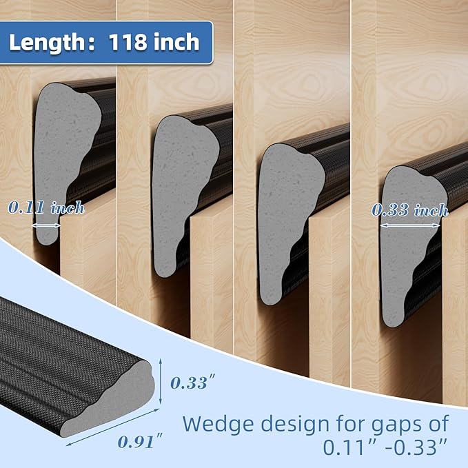 118”Wedge Weather Stripping Door Seal Strip for Door Frame,Self-Adhesive Window Insulation for Winter,Dark Foam Gap Filler for Light Noise Blocker,Front Exterior Door Side Draft Stopper,Black