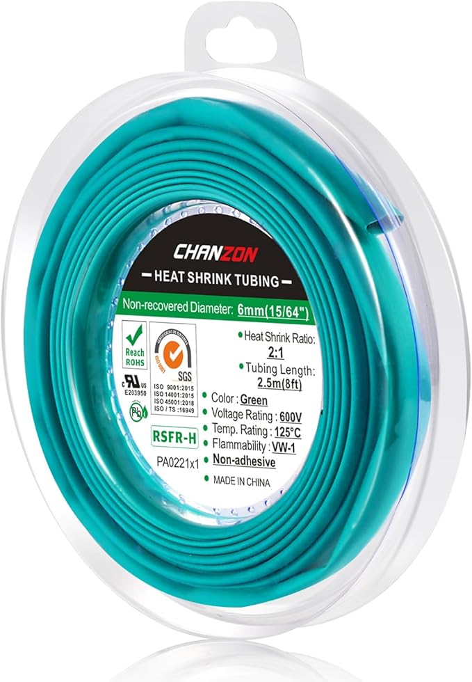 Chanzon 2:1 Ratio 1/4" (6mm) Heat Shrink Tubing 8Ft Roll (2.5M Total Length) Green Polyolefin Sleeving Wrap Shrinking 2 to 1 1pcs