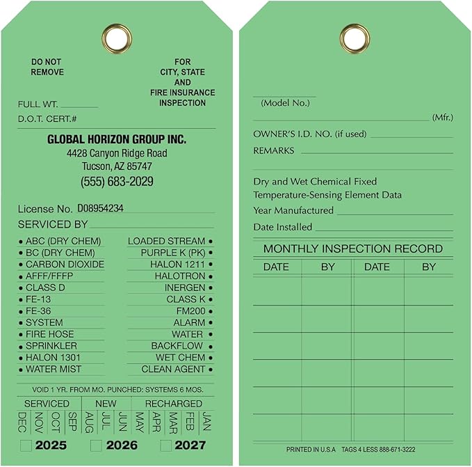 Tags 4 Less Custom Fire Extinguisher Tags – Preventative Maintenance Labels for Monthly Inspections, Alternative to Safety Sticker for Easy Record-Keeping – Pack of 100 (Light Green,Vinyl)