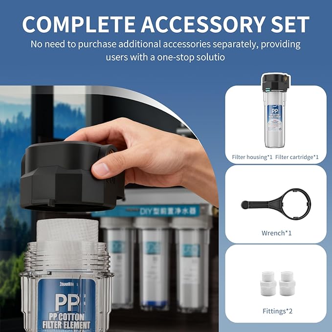 Whole House Water Filter Housing, Fit 10"x2.5" Sediment etc Filters for Well and City Water, Pre-Filtration System for Home, 1/2" Brass Portand includes a 3/4 inch adapter, R-Type O-Ring, Bracketless