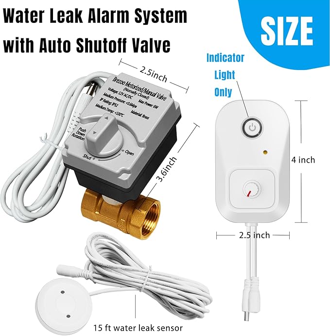 Water Leak Detector for Home, Water Alarm Leak Detector with Automatic Shutoff, Includes Leak Sensor and Water Valve, for 1-1/4-Inch Diameter Pipe, Protect Your Home from Water Damage
