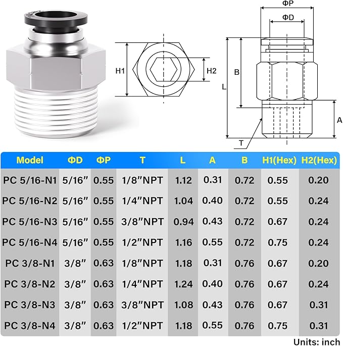 TAILONZ PNEUMATIC Male Straight 3/8 Inch Tube OD x 1/2 Inch NPT Thread Push to Connect Fittings PC-3/8-N4 (Pack of 10)