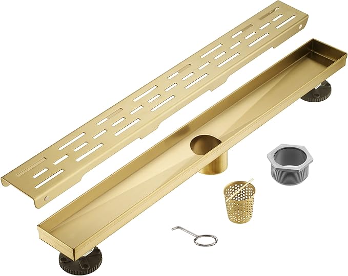 Sharp-tec Linear Shower Drain, 32 inch Shower Drain with Removable Pattern Cover, Brushed Gold 304 Stainless Steel Rectangle Floor Drain, Adjustable Feet and Hair Strainer Included (Model 101)