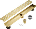Sharp-tec Linear Shower Drain, 32 inch Shower Drain with Removable Pattern Cover, Brushed Gold 304 Stainless Steel Rectangle Floor Drain, Adjustable Feet and Hair Strainer Included (Model 101)