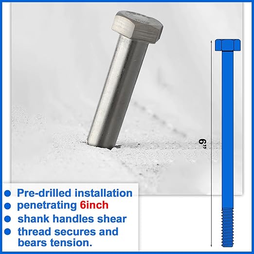 15 Pack 1/2-13 x 6'' Hex Head Cap Screw Bolt 304 Stainless Steel Half Thread External Hex Drive Screw Bolt Fastener for Wet Outdoor Metal Framing Concrete Reinforcement Railing Trellises