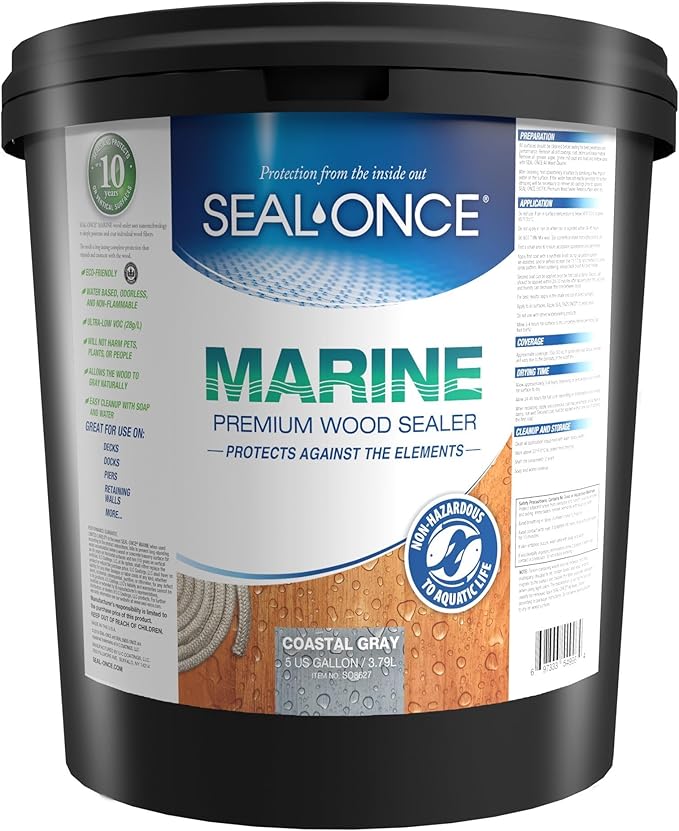 Seal-Once Marine Premium Wood Sealer - Waterproof Sealant - Wood Stain and Sealer in One - 5 Gallon & Coastal Gray