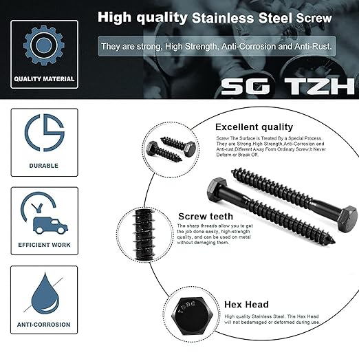 3/8" x 6" Hex Head Lag Screws Bolts 10Pcs 304 Stainless Steel 18-8, Partial Thread, Hexagon Head Wood Screws by Black Oxide by SG TZH