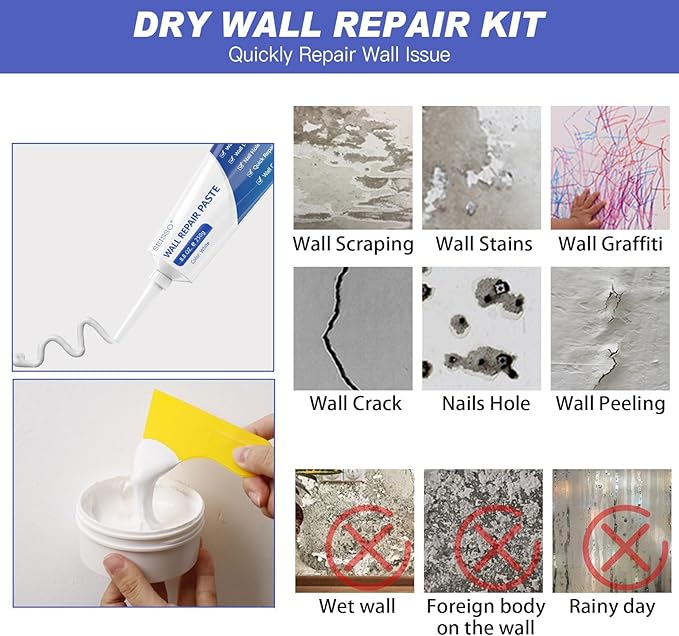 SEISSO Drywall Repair Kit, White- Wall Mending Agent 250 g* 2, Wall Repair Paste Plaster, 1 Pack Wall Putty, Repair Tape and Wall Repair Patch with 2inch 4inch, Quick Fill Crack and Nail Hole