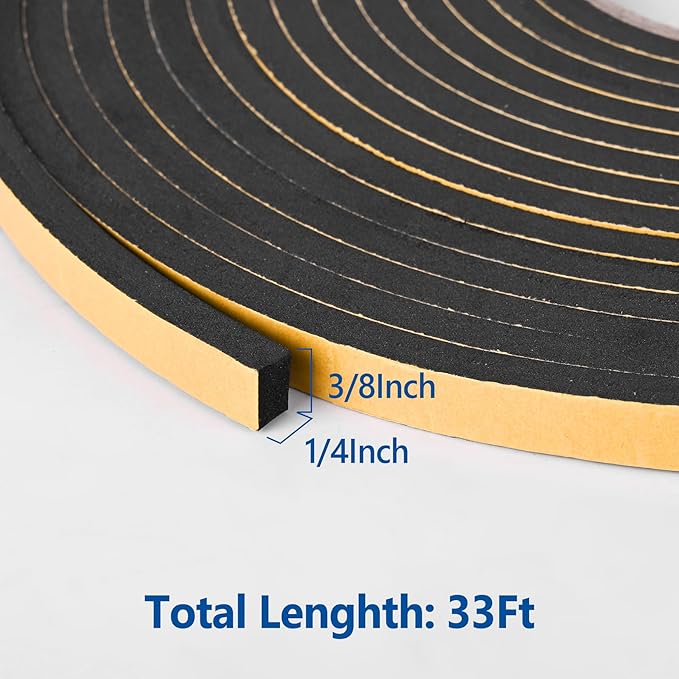 Kikerike Self Adhesive Foam Tape Weatherstrip 3/8In x 1/4In x 33Ft High Density Foam Insulation Strips Seal Weather Stripping with Strong Adhesive for Door and Window Sound Isolation Soundproofing