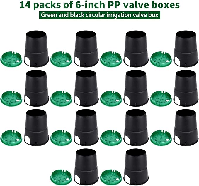 14 Sets PP Valve Boxes 6 in Anti Slip Sprinkler Valve Box Plastic Round Green and Black Irrigation Water Meter Box for Outdoor Yard Garden Farm Lawn Grassland Ground