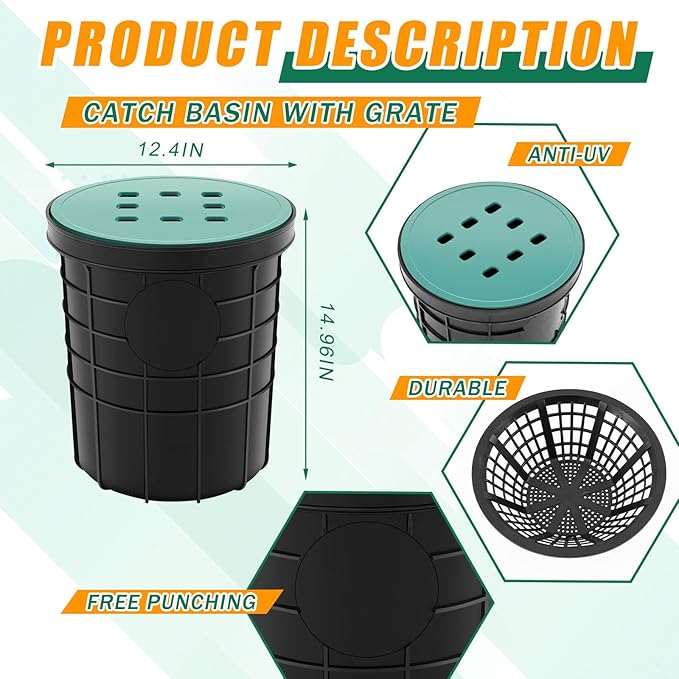 Catch Basin with Grate 14.9 x 12.4 Inch Round Large Catch Basin for Drainage with Debris Basket French Drain Without Reserved Hole for Yard, Downspout, Lawn, Municipal Pipeline