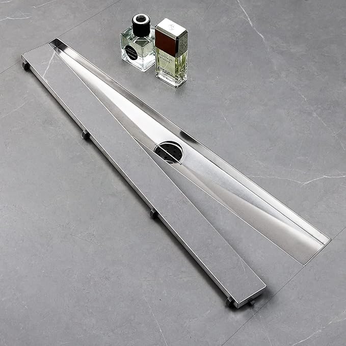 SaniteModar Linear Shower Drain, Linear Drain 28 inch with Tile Insert 2 in 1 Panels, Brushed 304 Stainless Steel Shower Floor Drain,Shower Drain Equipped Adjustable Feet and Hair Filters