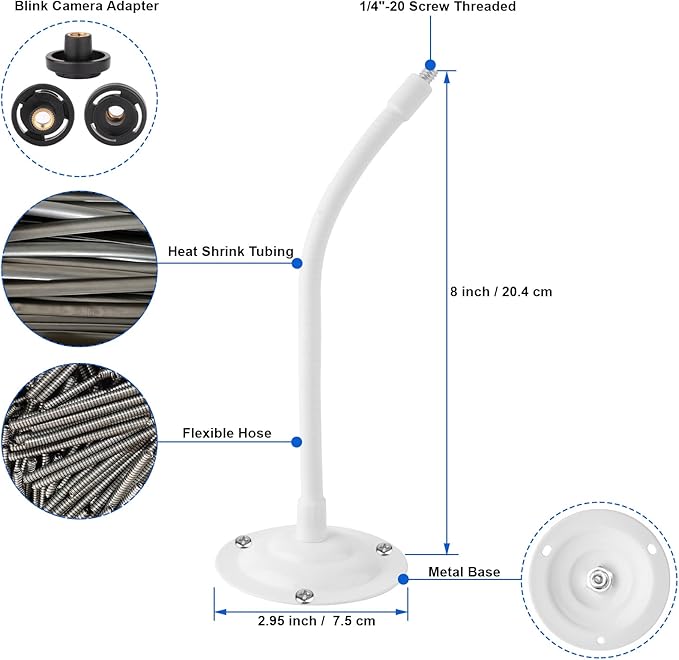 2 Pack Camera Flexible Wall Mount Holder Compatible with Arlo/Blink/Reolink/Nest/Wyze/SimpliSafe Camera,Adjustment 8 inch Long Gooseneck Arm with Metal Base,1/4"-20 Threaded Screw,White