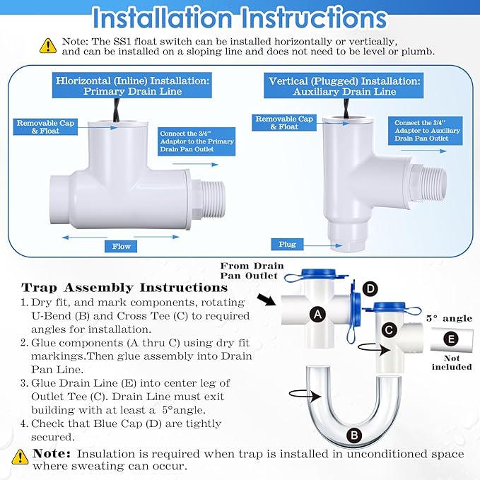 3/4 Inch Standard Condensate Trap and SS1 Condensate Overflow Float Switch Kit for HVAC Systems, Air Conditioner